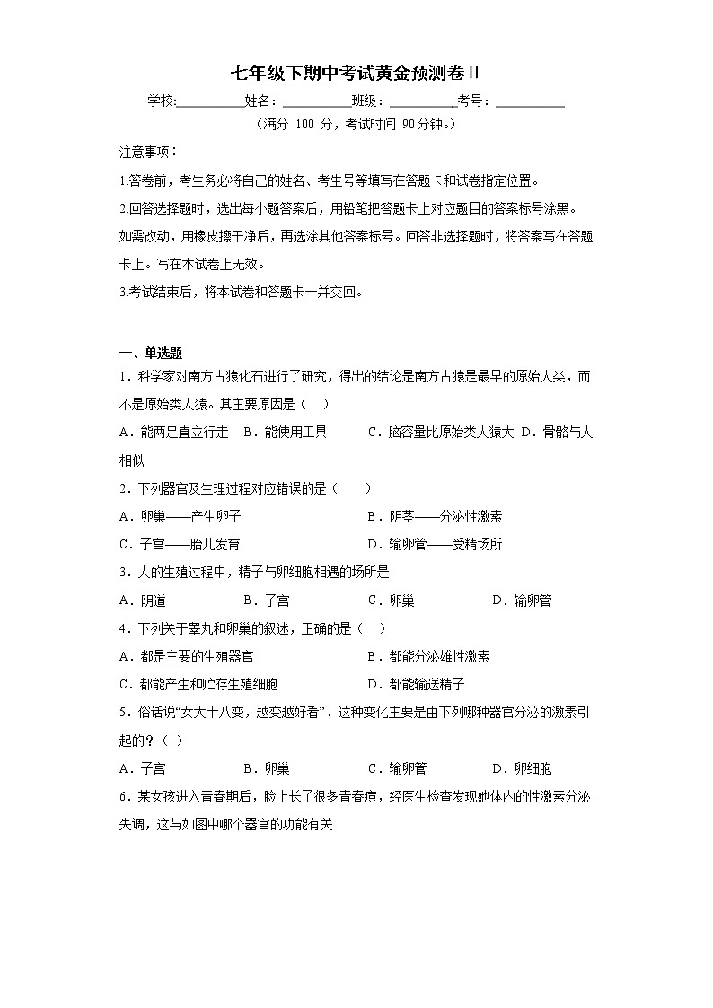 七年级下册生物期中考试押题卷Ⅱ（学生版+教师版）01