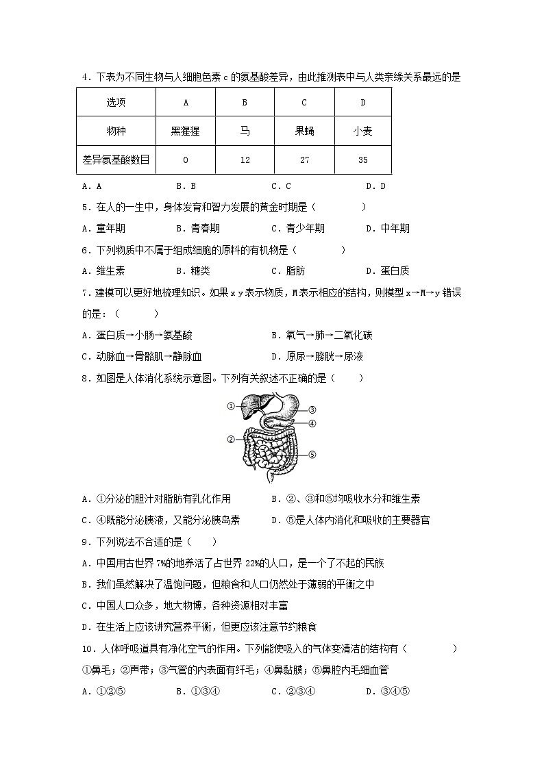 七年级下册生物期中考试考前必刷卷Ⅰ（学生版）第2页