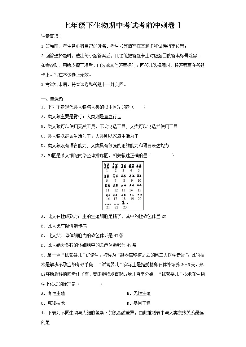七年级下册生物期中考试考前必刷卷Ⅰ（教师版）第1页