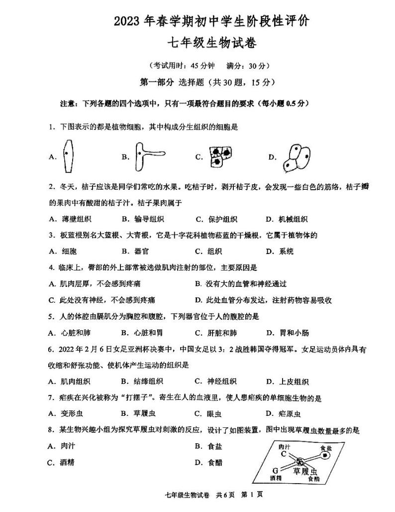 江苏省泰州市兴化市2022-2023学年七年级下学期期中生物试题01