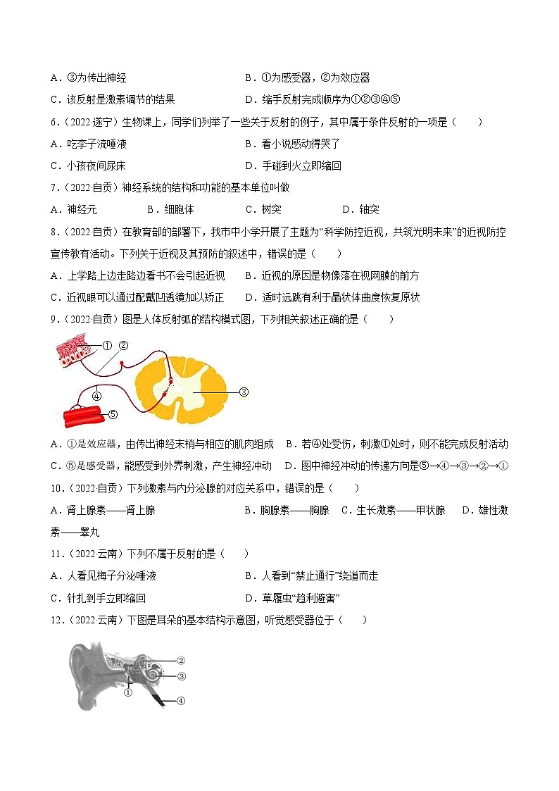 初中生物中考复习 专题07 人体生命活动的调节-2022年中考生物真题分项汇编 （全国通用）（原卷版）02