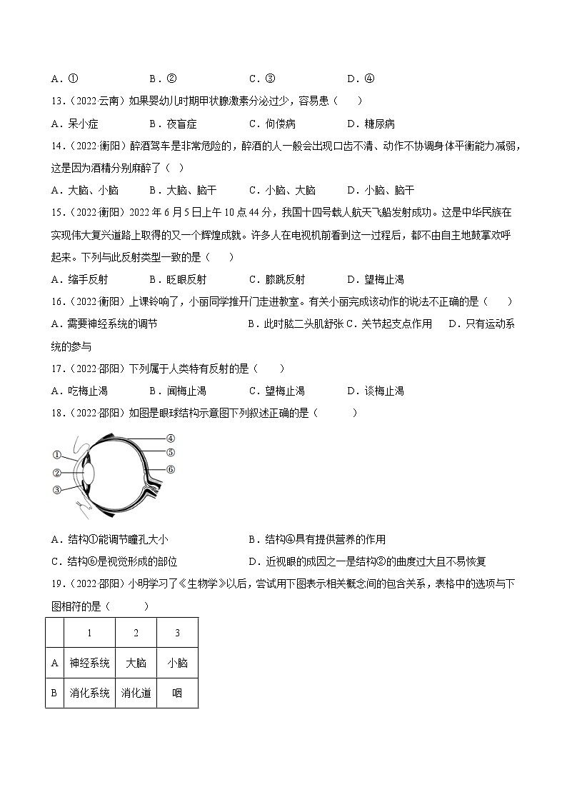 初中生物中考复习 专题07 人体生命活动的调节-2022年中考生物真题分项汇编 （全国通用）（原卷版）03