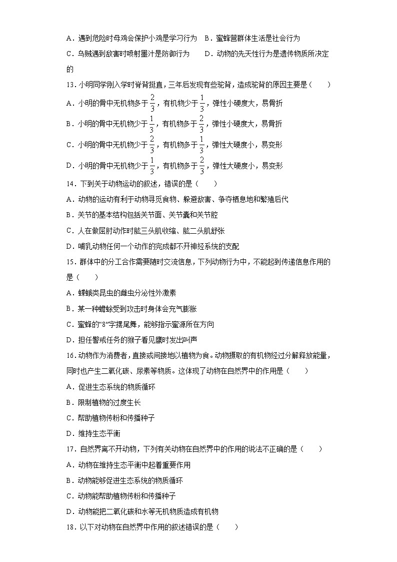 初中生物中考复习 专题12 动物的运动和行为及动物在生物圈中的作用（原卷版）第3页