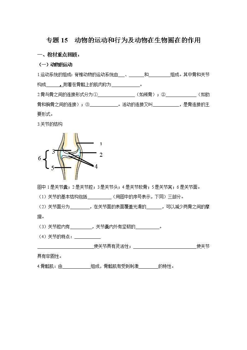 初中生物中考复习 专题15 动物的运动和行为及动物在生物圈中的作用（原卷版）01