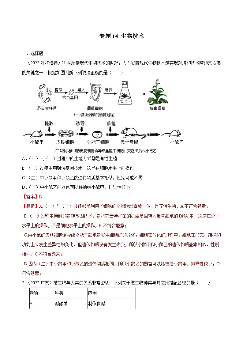 初中生物中考复习 专题14 生物技术-三年（2020-2022）中考生物真题分项汇编（全国通用）（解析版）第1页