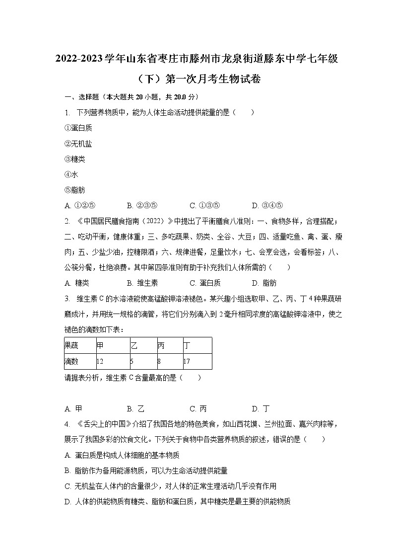 2022-2023学年山东省枣庄市滕州市龙泉街道滕东中学七年级（下）第一次月考生物试卷（含解析）01