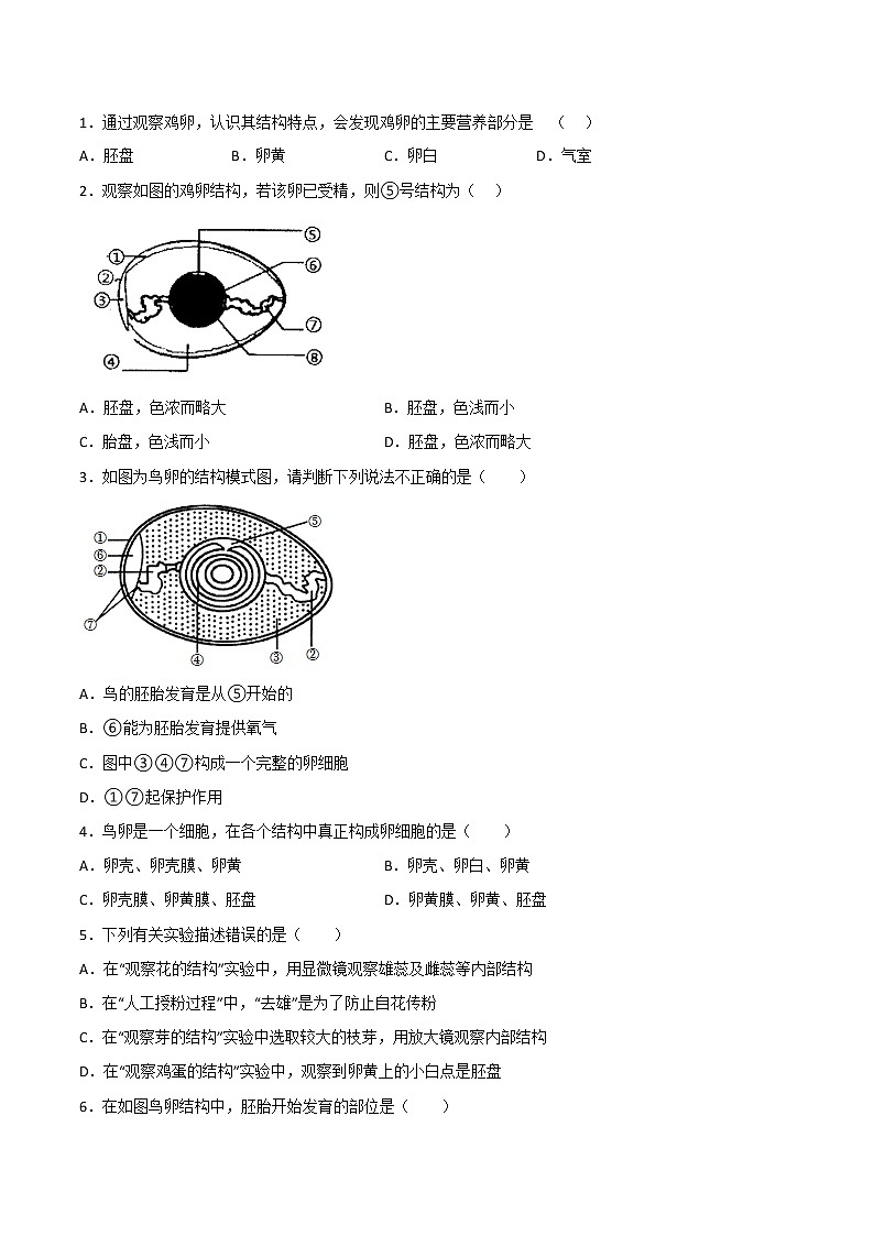 探究题01  观察鸟卵的结构 -八年级下册实验专题02