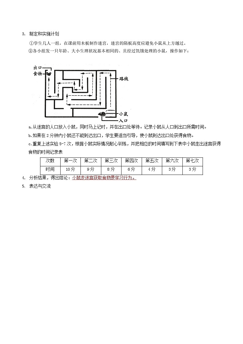 探究题02  小鼠走迷宫获取食物的学习行为-八年级上册实验专题02