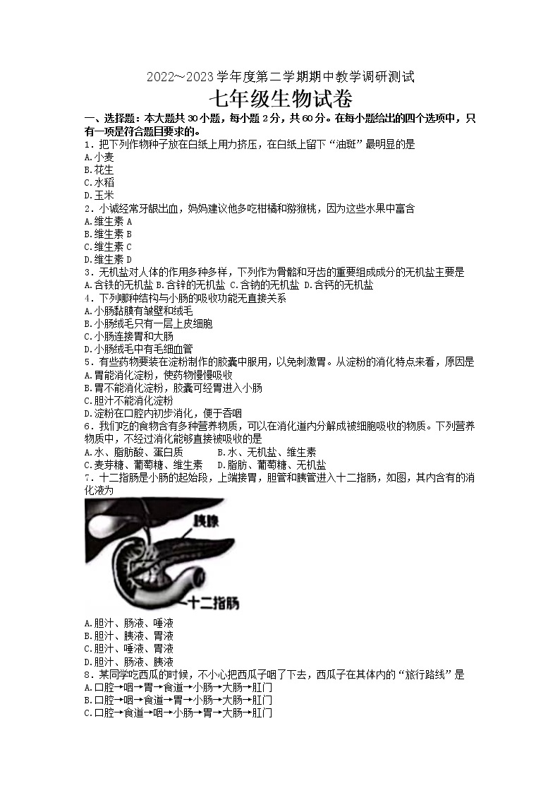 广东省湛江市徐闻县2022-2023学年七年级下学期期中教学调研测试生物试卷01