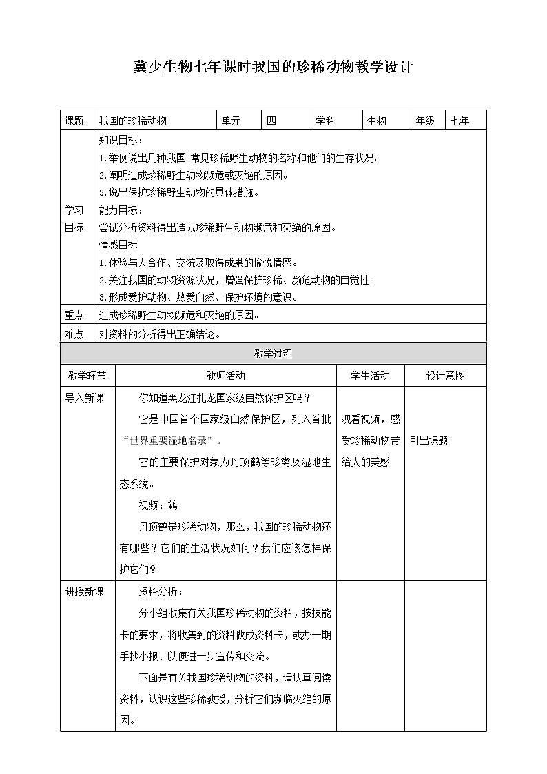 冀少版生物七上4.10我国的珍稀动物  课件+教案+练习+素材01