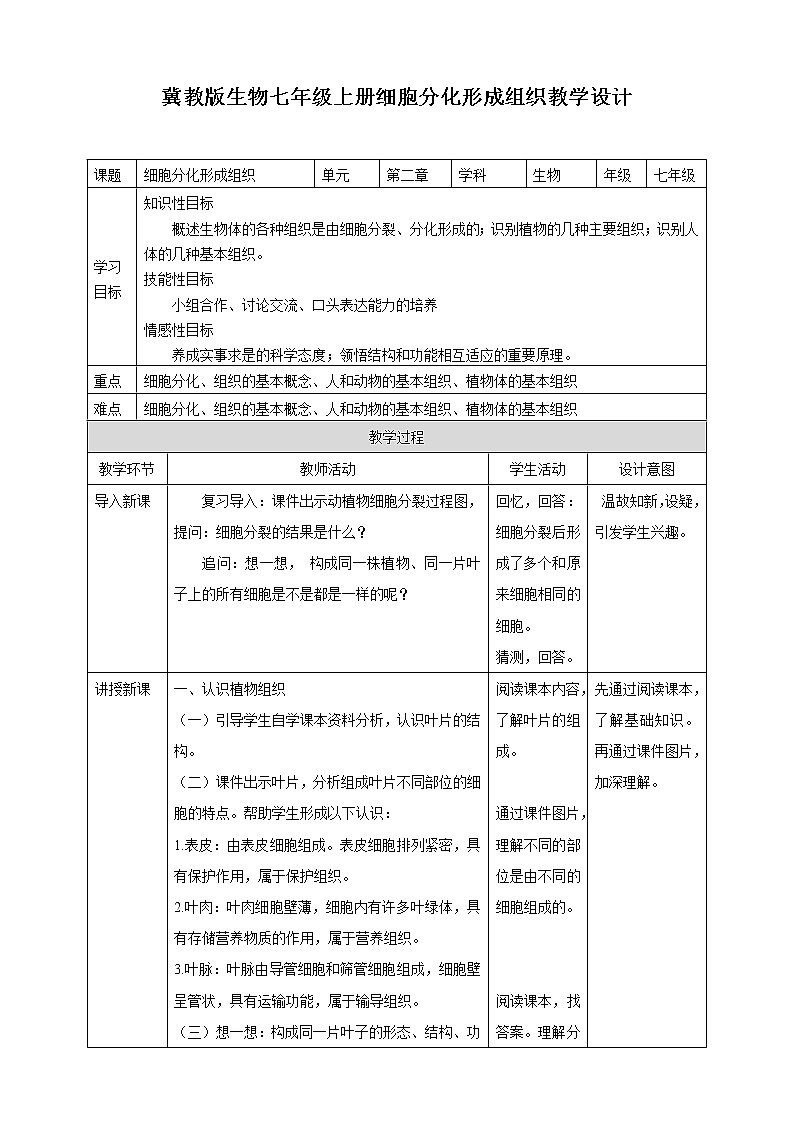 冀教版生物七上2.2 细胞分化形成组织 课件+教案+练习01