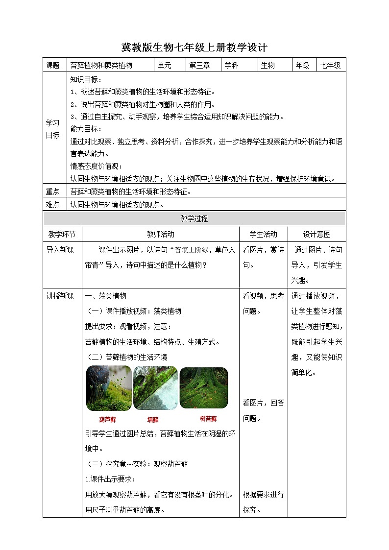 冀教版生物七上3.4 苔藓植物和蕨类植物 课件+教案+练习01