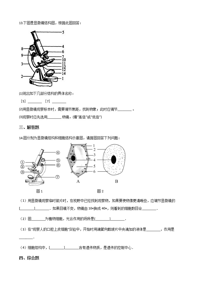 北师大版七年级上册生物 2.3.1细胞的基本结构和功能 同步测试第3页