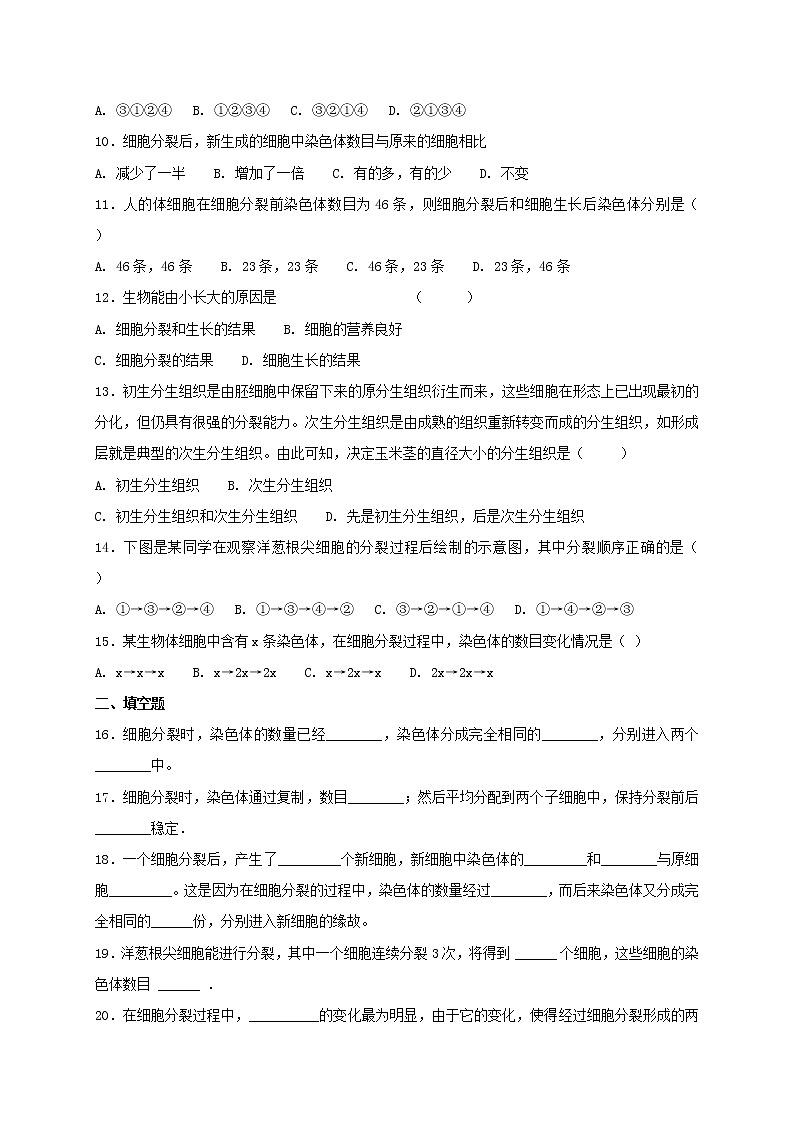 北师大版七年级上册生物 3.3 细胞通过分裂而增殖 同步测试02
