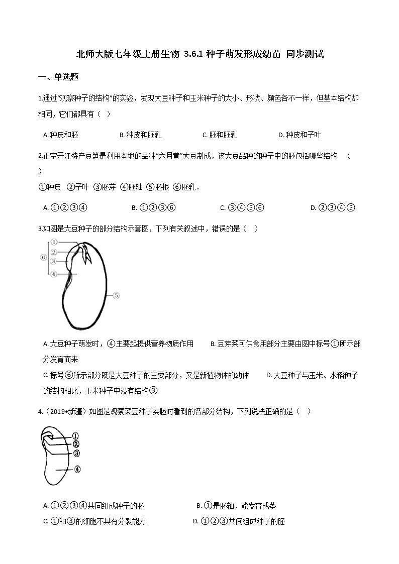 北师大版七年级上册生物 3.6.1种子萌发形成幼苗 同步测试01