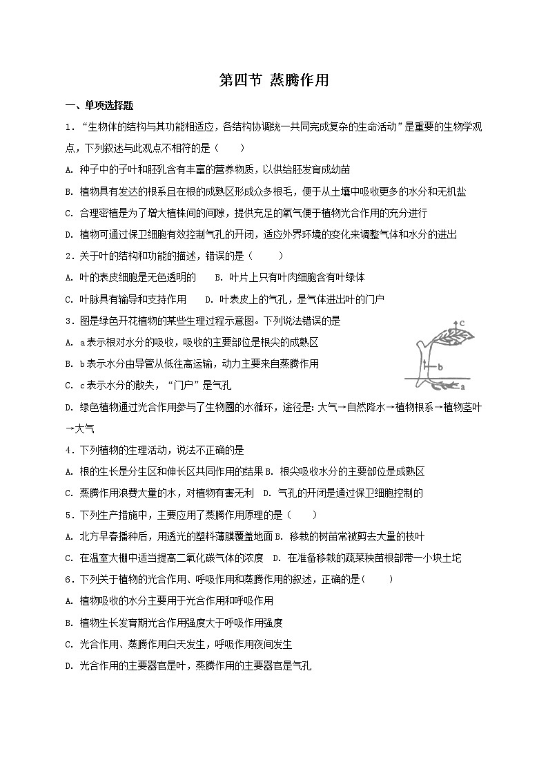 北师大版七年级上册生物 5.4 蒸腾作用 同步测试01