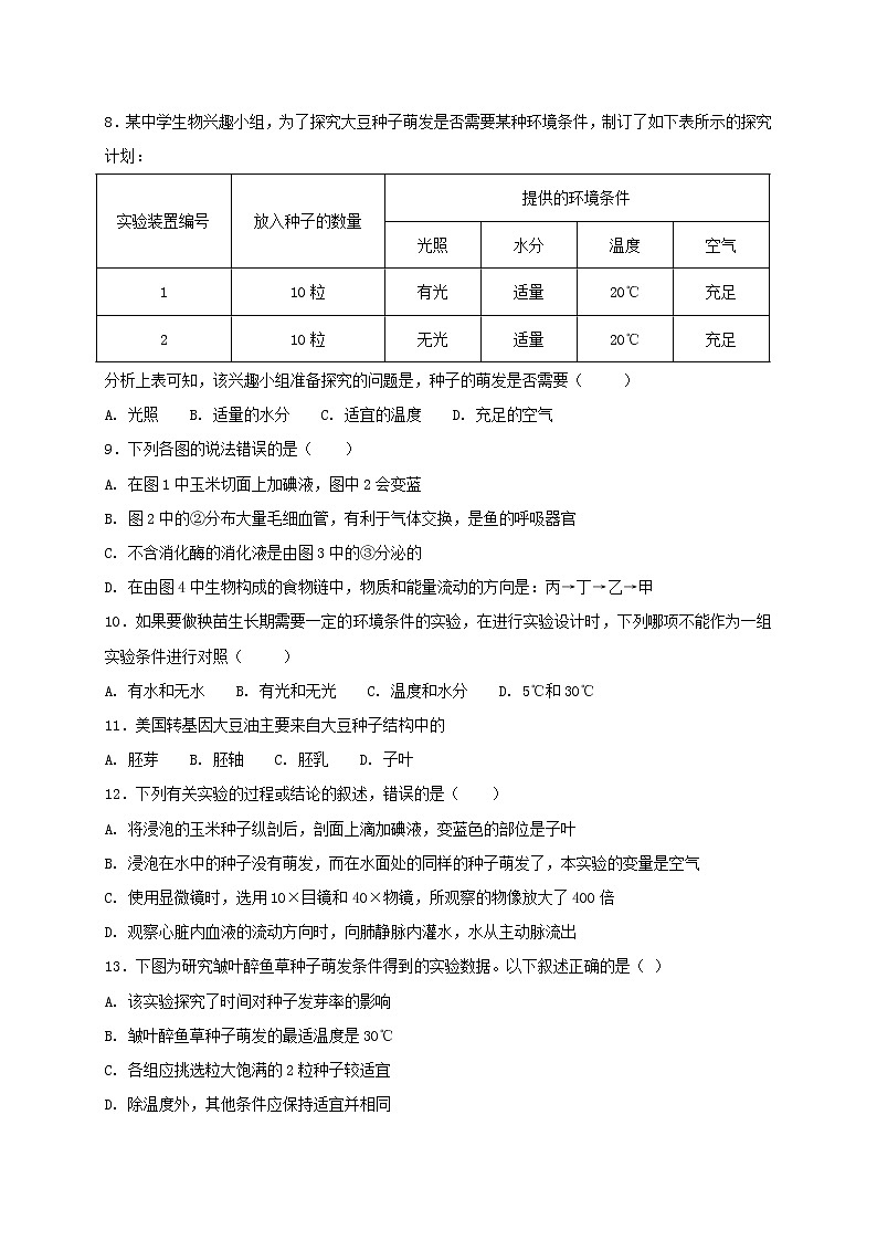 北师大版七年级上册生物 6.1 种子萌发形成幼苗 同步测试02