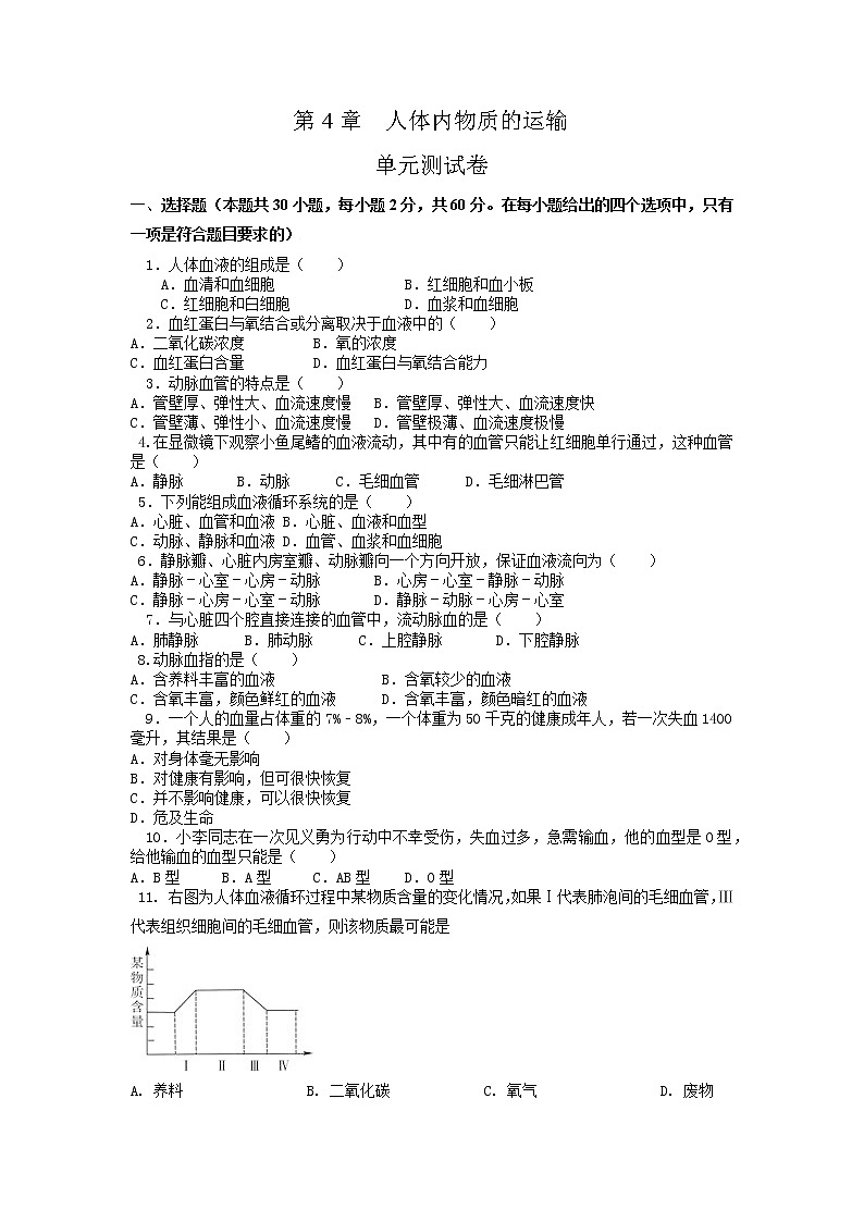 单元复习04 人体内物质的运输【专项练习】——2022-2023学年人教版生物七年级下册单元综合复习（原卷版+解析版）01