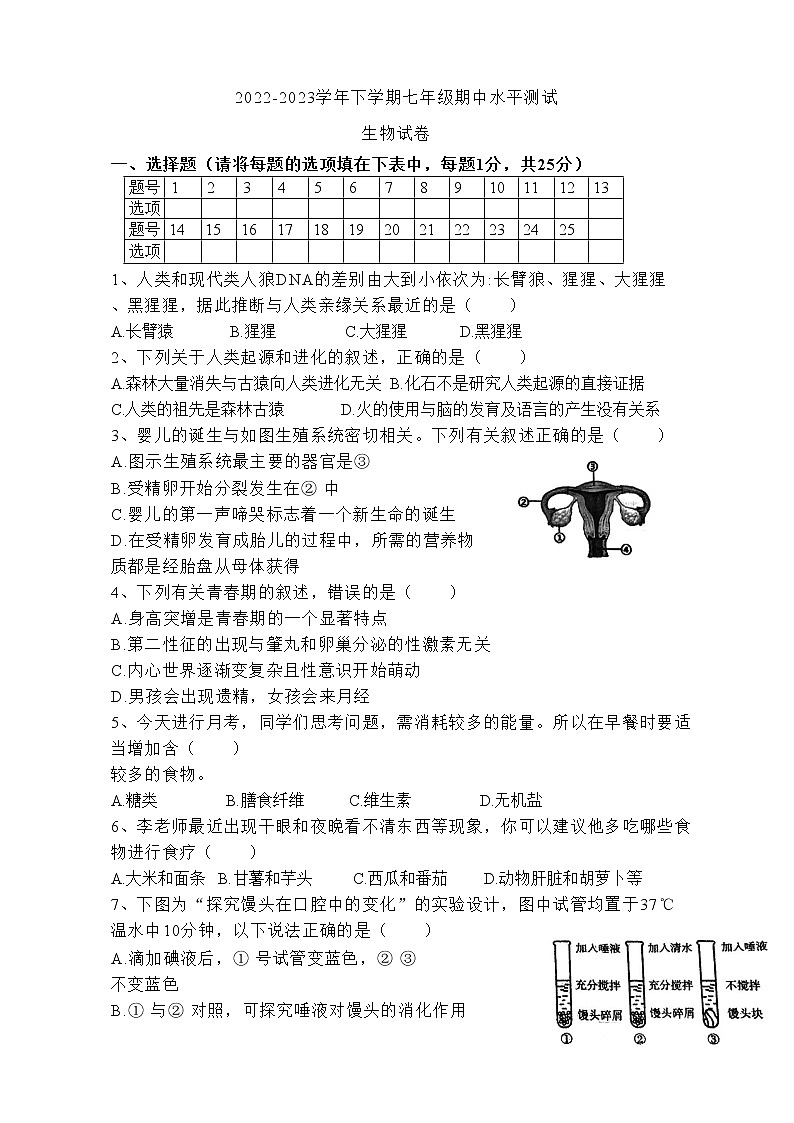 河南省新乡市原阳县2022-2023学年七年级下学期期中生物试题01