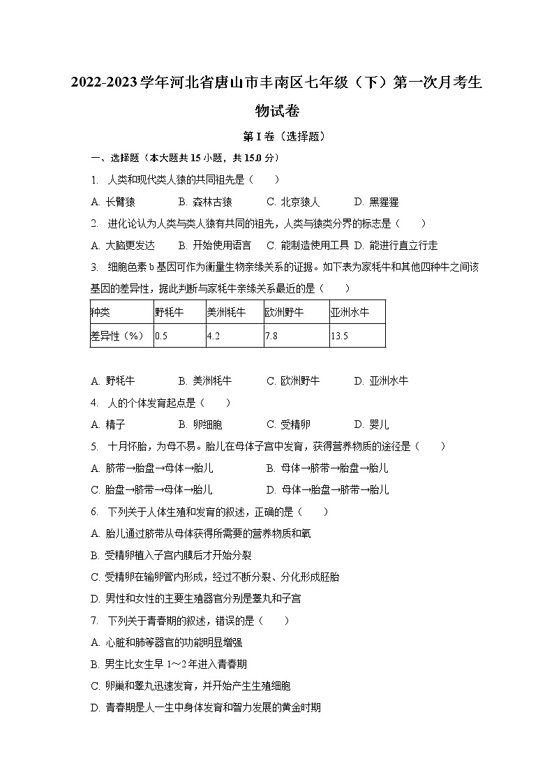 2022-2023学年河北省唐山市丰南区七年级（下）第一次月考生物试卷（含解析）01