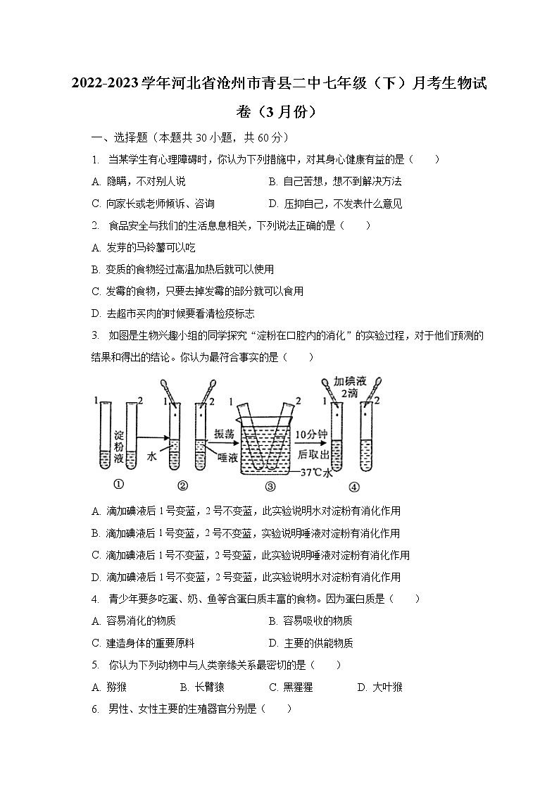 2022-2023学年河北省沧州市青县二中七年级（下）月考生物试卷（3月份）（含解析）01