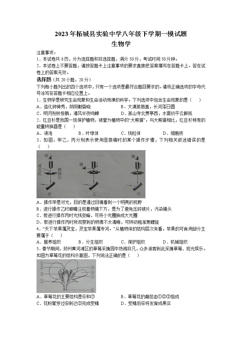 2023年河南省商丘市柘城县实验中学中考一模生物试题01