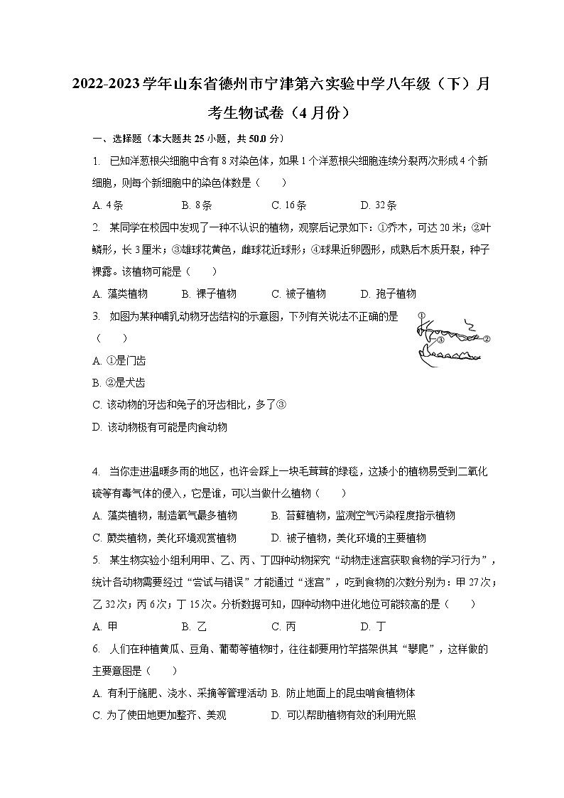 2022-2023学年山东省德州市宁津第六实验中学八年级（下）月考生物试卷（4月份）（含解析）01