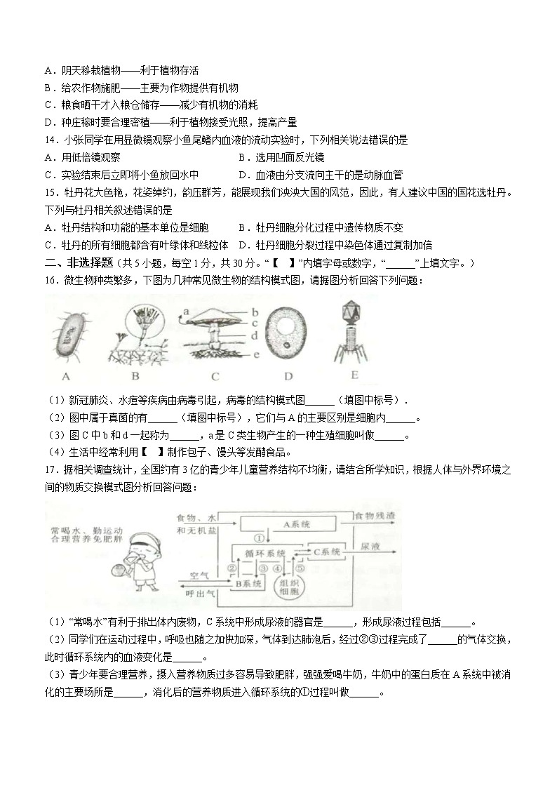 2023年广西初中毕业班中考模拟联考（一模）生物试题（含答案）03
