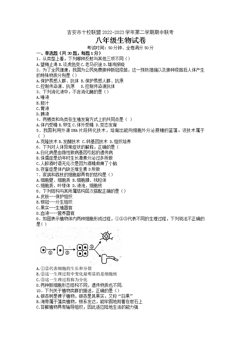 江西省吉安市十校联盟2022-2023学年八年级下学期期中生物试题第1页