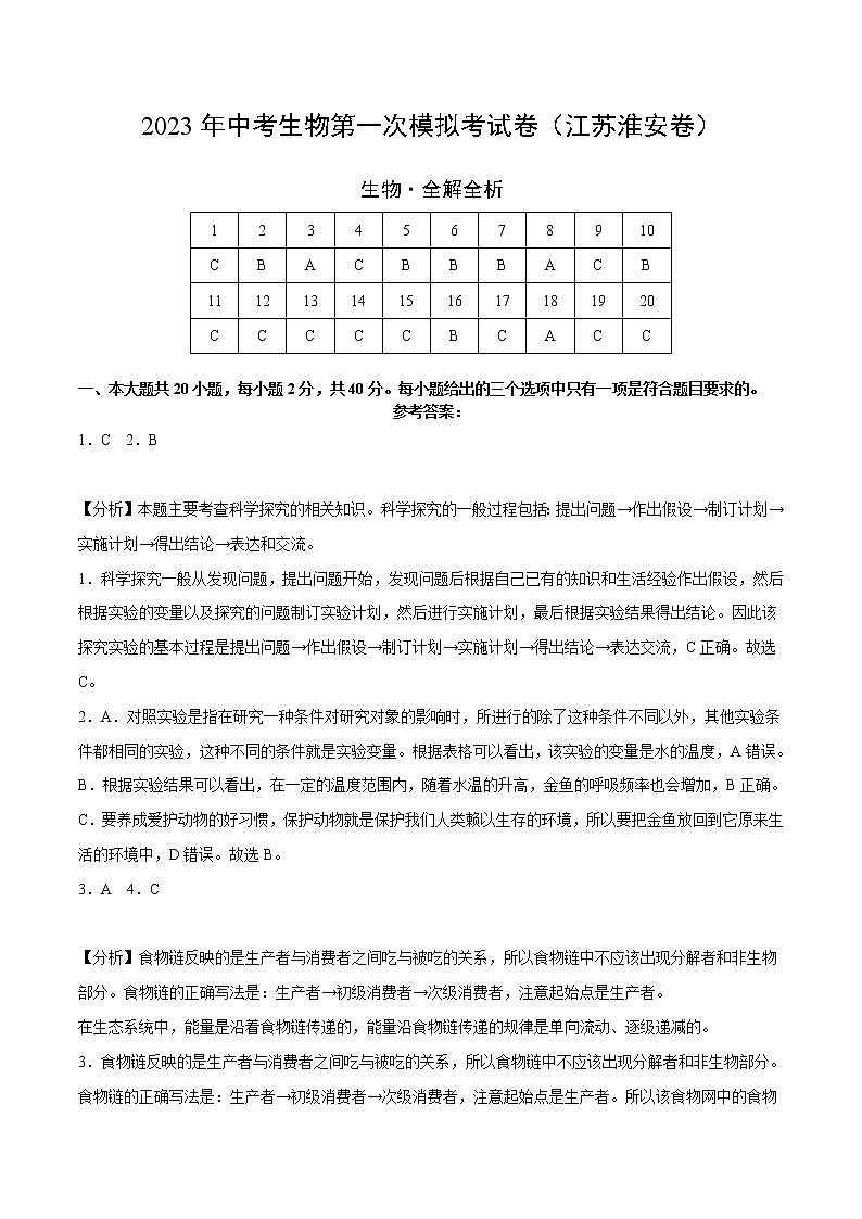 2023年中考第一次模拟考试卷生物（淮安卷）（全解全析）01