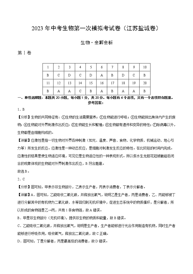 2023年中考第一次模拟考试卷生物（盐城卷）（全解全析）01