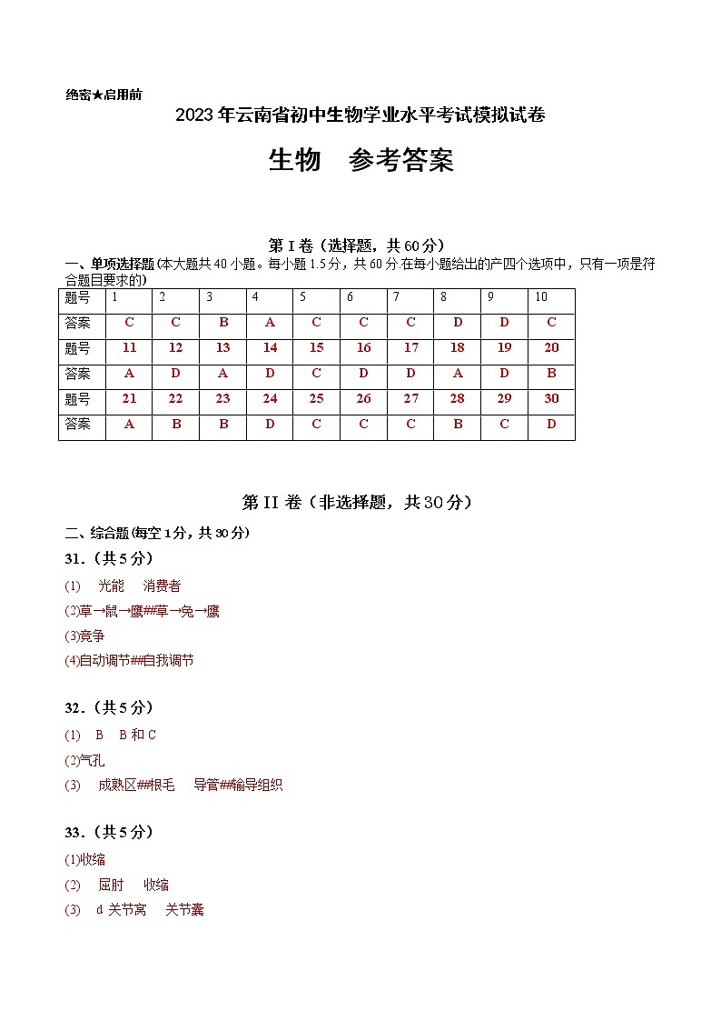 2023年中考第一次模拟考试卷生物（云南卷）（参考答案）01
