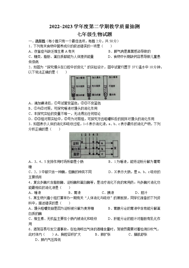 山东省滨州市滨城区2022-2023学年七年级下学期期中生物试题01