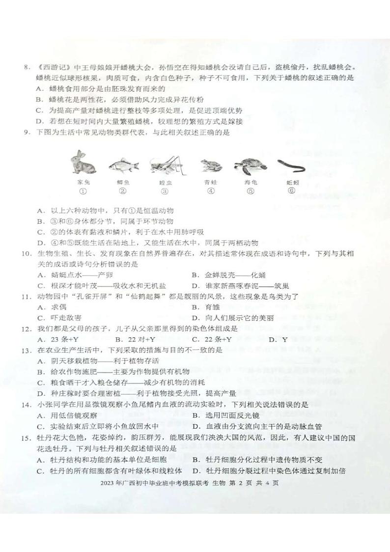 2023年广西初中毕业班中考模拟联考（生物） 试卷02