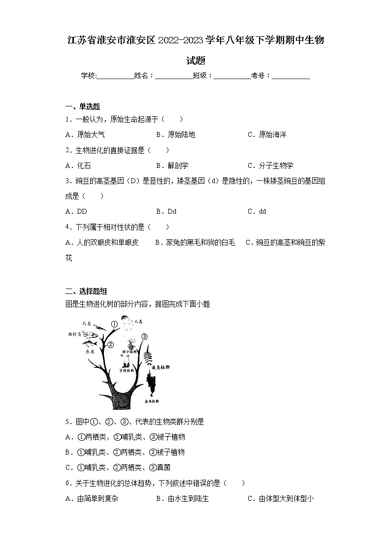 江苏省淮安市淮安区2022-2023学年八年级下学期期中生物试题（含答案）第1页