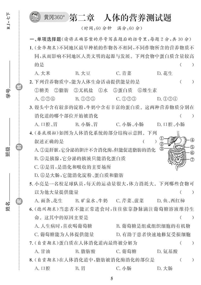 （2023春）人教版生物初中七年级下册-黄冈360°定制课时_第二章检测题01