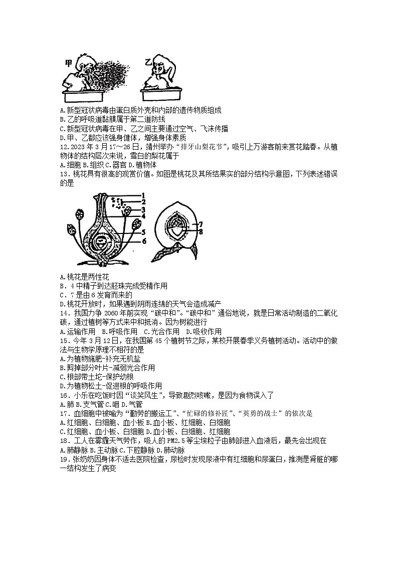 2023年湖南省怀化市中考一模生物试题02