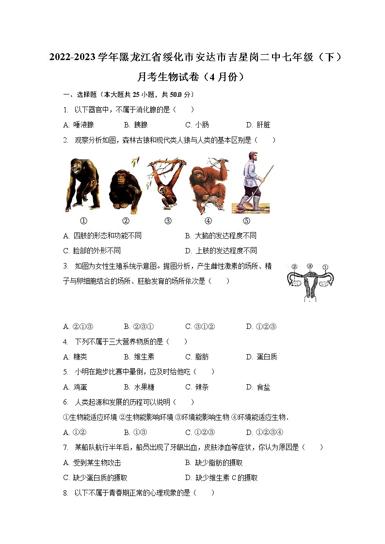 2022-2023学年黑龙江省绥化市安达市吉星岗二中七年级（下）月考生物试卷（4月份）（含解析）第1页