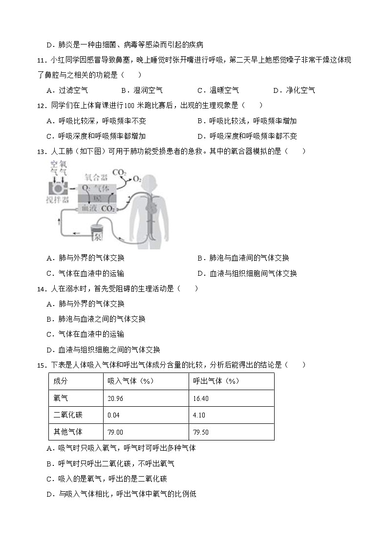 (人教版)2023届中考生物一轮复习专用训练卷— 专题12 人体的呼吸 （含答案）03