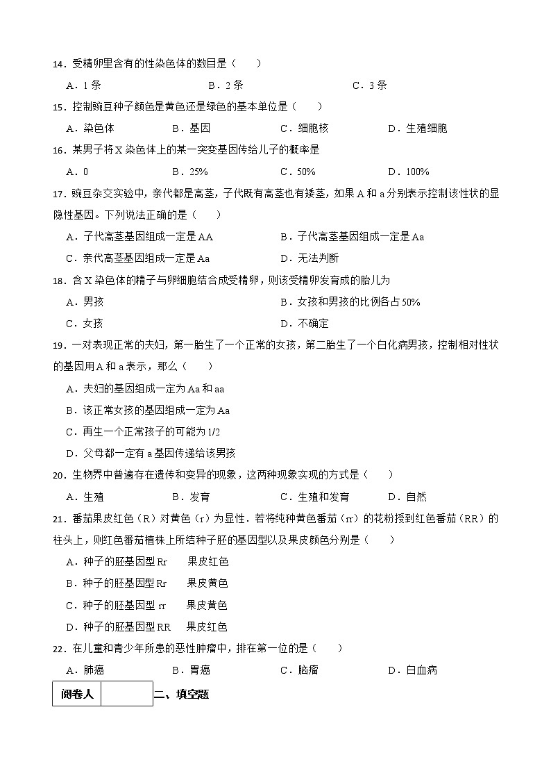 (人教版)2023届中考生物一轮复习专用训练卷—专题22 生物的遗传与变异（含答案）03
