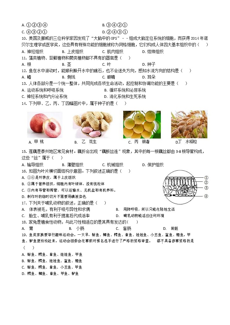 江苏省泰州市海陵区2022-2023学年七年级下学期期中生物试卷第2页