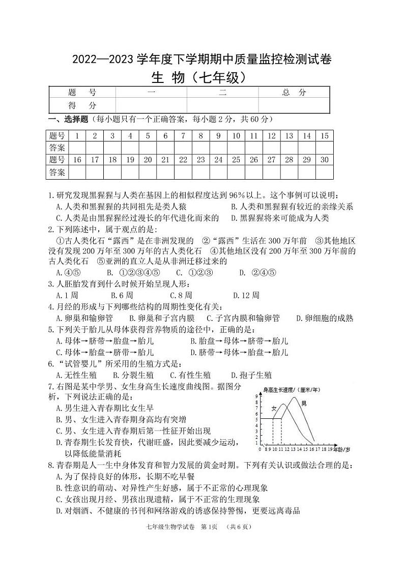 广西贺州市富川县2022-2023学年七年级下学期期中考试生物试题01