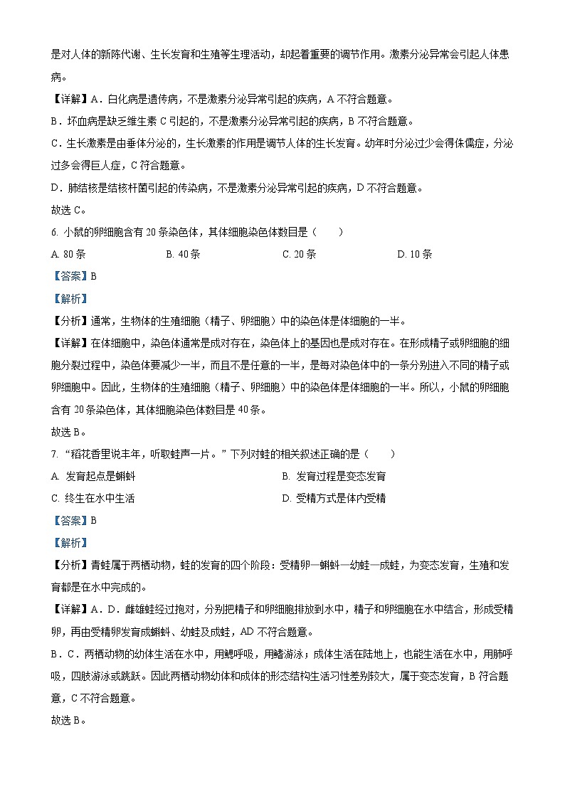 2022年福建省中考生物真题（教师版）03