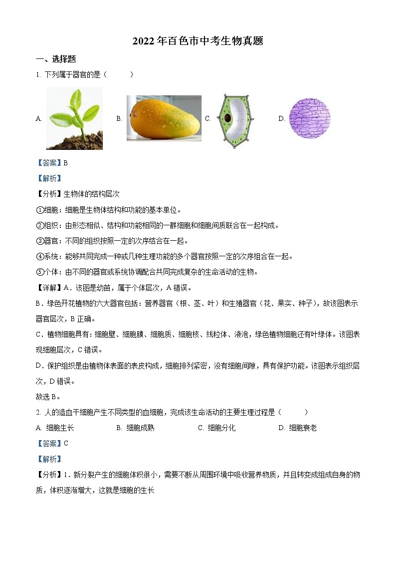 2022年百色市中考生物真题（教师版）01