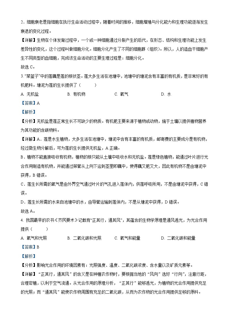 2022年百色市中考生物真题（教师版）02