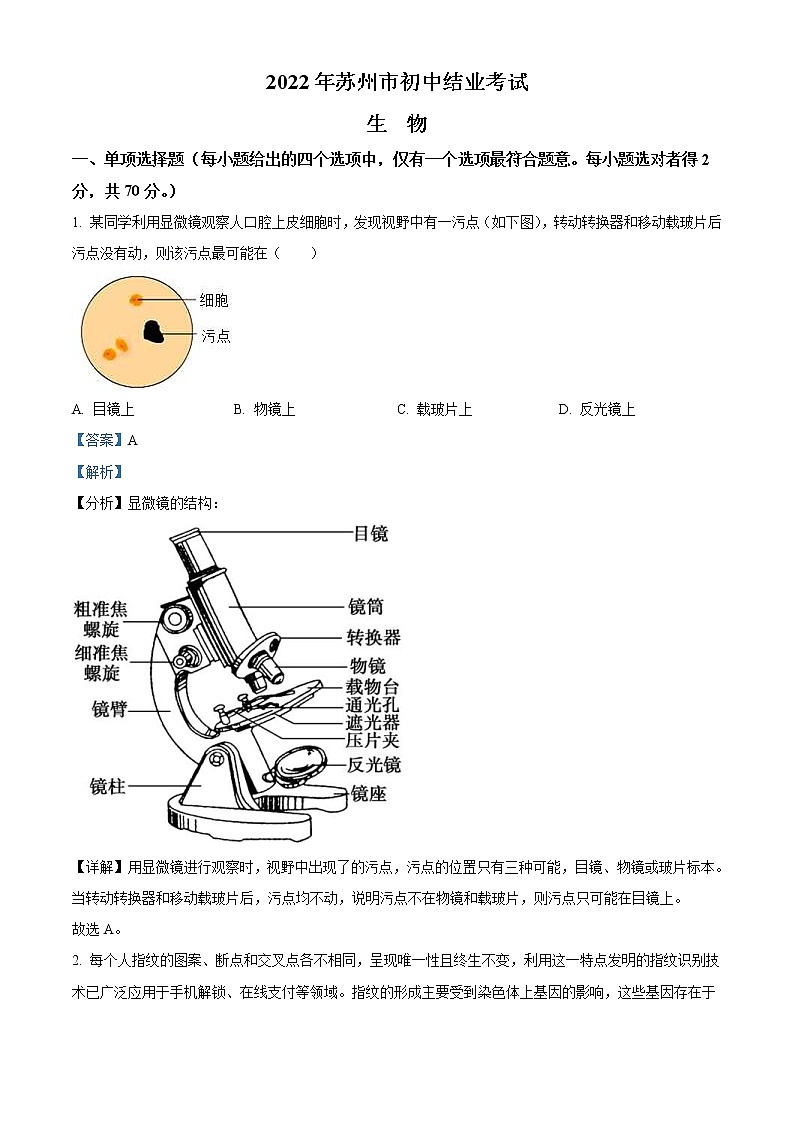 2022年江苏省苏州市中考生物真题（教师版）第1页