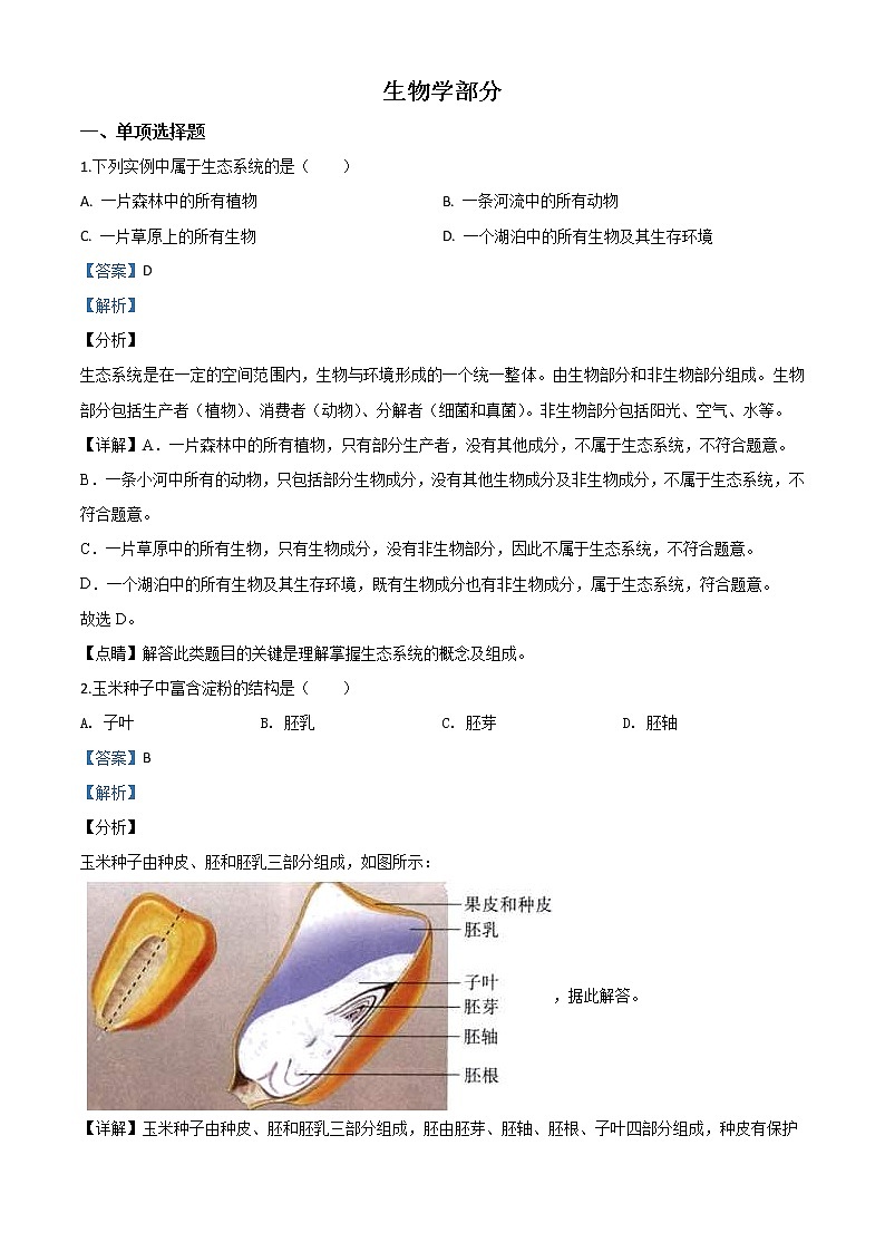 甘肃省定西市2020年八年级中考生物试题（教师版）01