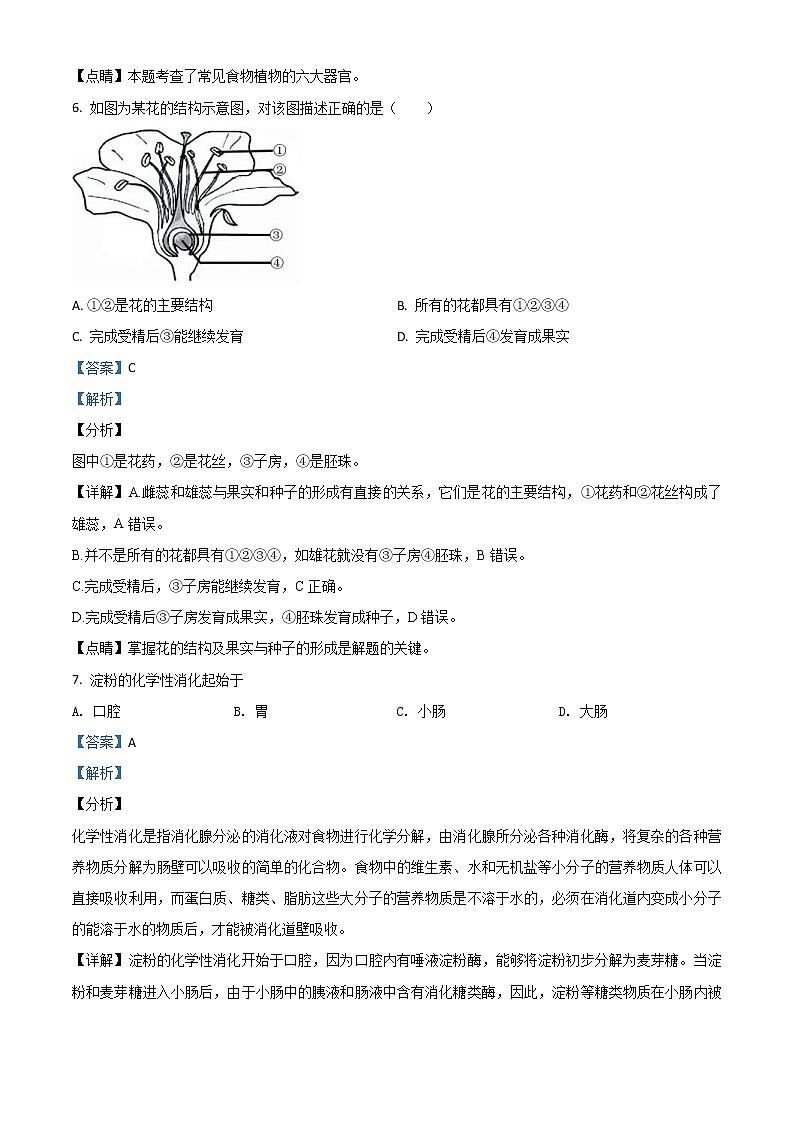 辽宁省鞍山市2020年中考生物试题（教师版）03