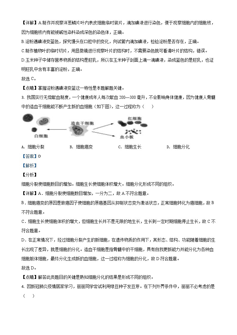 山东省聊城市2020年中考生物试题（教师版）02