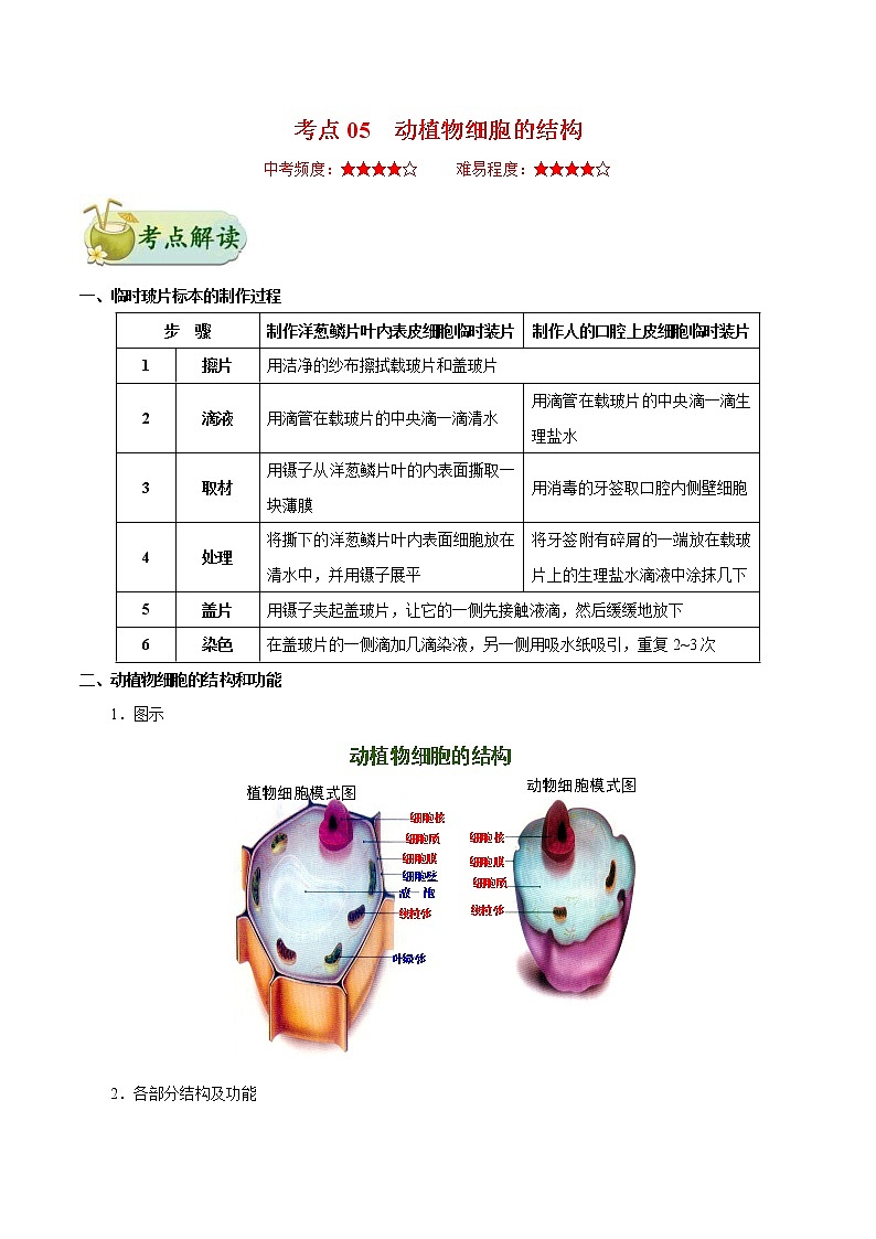 中考生物一轮复习考点过关练习考点05 动植物细胞的结构 (含答案)01